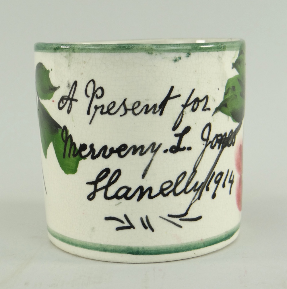 RARE LLANELLY POTTERY MUG PAINTED WITH CHERRIES ON A BRANCH the body inscribed 'A present for - Image 2 of 3