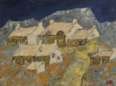 PETER GORSUCH oil on board - winter scene, entitled verso 'Welsh Mountain Village', signed with