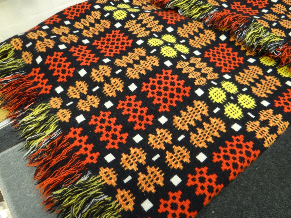 VINTAGE TRADITIONAL WELSH WOOLLEN BLANKET with black, yellow, orange and red geometric design, - Image 3 of 6