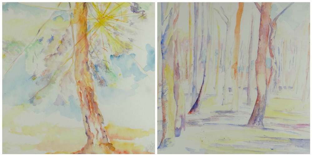 PHILIP SUTTON RA watercolours, a pair - treescapes, one signed, 41 x 58cms and 58 x 41cms