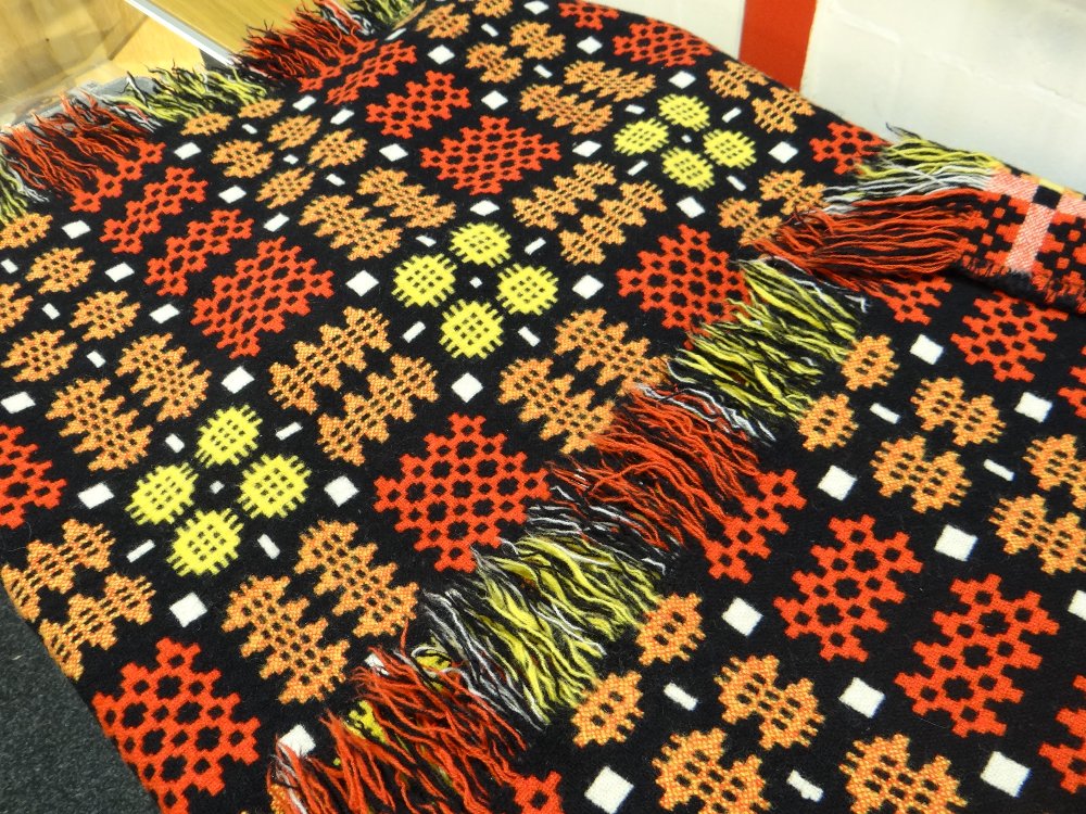 VINTAGE TRADITIONAL WELSH WOOLLEN BLANKET with black, yellow, orange and red geometric design, - Image 4 of 6