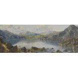 CHARLES WYATT WARREN oil on board - Eryri with lake on bright day, signed, 28 x 74cms