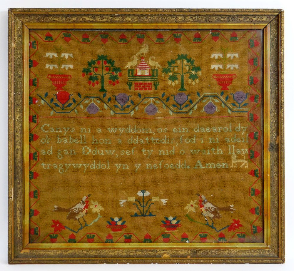 TWO VICTORIAN WELSH LANGUAGE WOOLWORK SAMPLERS the smaller by Elizabeth Price 1847, 48 x 37cms ( - Image 2 of 3