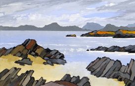 DAVID BARNES oil on board - Ynys Môn with distant mountains, signed verso, 39 x 59cms