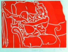 BARRY FLANAGAN limited edition (6/32) linocut - outline of seated female on red background, entitled