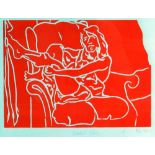 BARRY FLANAGAN limited edition (6/32) linocut - outline of seated female on red background, entitled