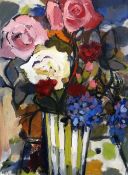 WENDY MURPHY oil on canvas - still-life of roses in a stripy vase, landscape beyond, entitled