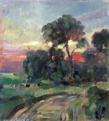 LEONARD BEARD oil on linen - landscape with trees at sunset, signed and dated 1989, 33 x 30cms