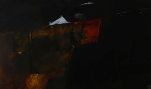 DEWI TUDUR mixed media - whitewashed farm at night, signed, 30 x 50cms