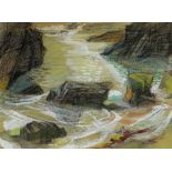RAY HOWARD JONES mixed media - Pembrokeshire coastline, entitled verso 'Skomer Rocks', 18 x 24cms