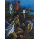 CLAUDIA WILLIAMS pastel - figures at the seaside, titled verso 'Family on the Rocks' with the