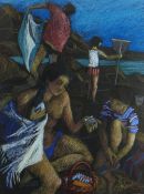 CLAUDIA WILLIAMS pastel - figures at the seaside, titled verso 'Family on the Rocks' with the