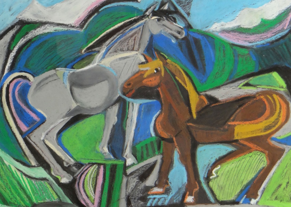 BRIGID WRIGHT pastel - grey and chestnut horses in a landscape, signed and dated 1992, 20.5 x 28.