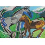 BRIGID WRIGHT pastel - grey and chestnut horses in a landscape, signed and dated 1992, 20.5 x 28.