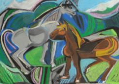 BRIGID WRIGHT pastel - grey and chestnut horses in a landscape, signed and dated 1992, 20.5 x 28.