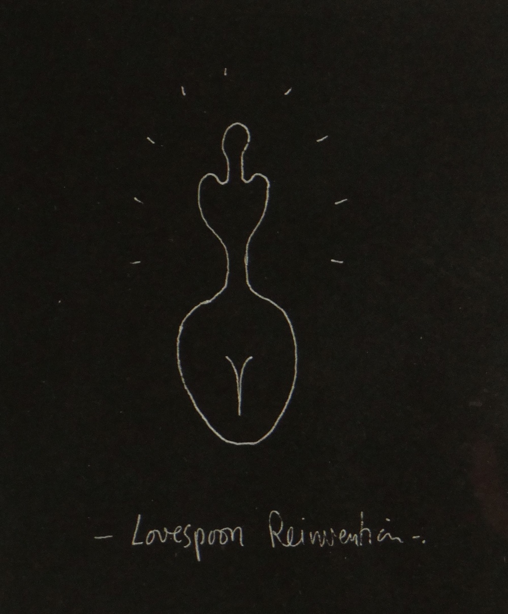 IWAN BALA white ink drawing on black paper - entitled 'Love Spoon Reinvention', 15 x 12.5cms