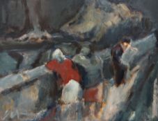 WILL ROBERTS oil on canvas - three figures, one reading, entitled verso 'Pond with Figures' on Attic