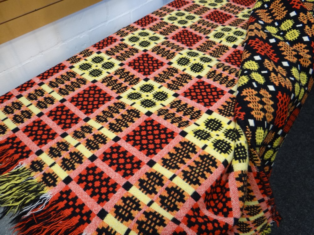 VINTAGE TRADITIONAL WELSH WOOLLEN BLANKET with black, yellow, orange and red geometric design, - Image 2 of 6