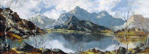 CHARLES WYATT WARREN oil on board - Eryri mountains with lake and birch trees, signed, 29 x 74cms