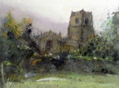 WILLIAM SELWYN mixed media - view of Eglwys Clynnog Fawr, a church in Pen Llyn (Llyn Peninsula),