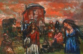 ANDREW VICARI oil on board - colourful scene of travellers at camp site with caravan and house in