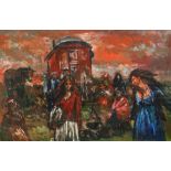 ANDREW VICARI oil on board - colourful scene of travellers at camp site with caravan and house in