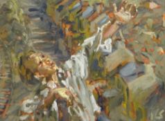 KEVIN SINNOTT oil on board - figure in dramatic pose with terraced streets, signed with initials, 60