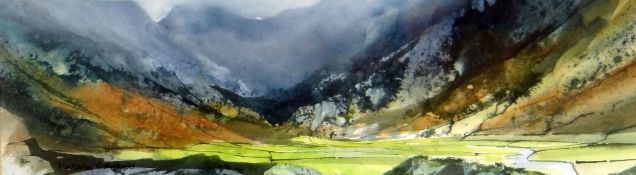 MALCOLM EDWARDS watercolour - Nant-Ffrancon, signed, 11 x 37.5cms