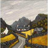 DAVID BARNES oil on board - Welsh landscape with roadside cottages, entitled 'Visions of Snowdonia',