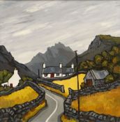 DAVID BARNES oil on board - Welsh landscape with roadside cottages, entitled 'Visions of Snowdonia',