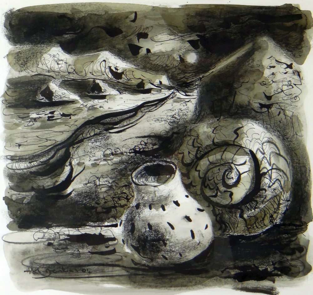 CLIVE HICKS-JENKINS inkwash - landscape with ceramic objects, signed and dated 2001, 37 x 38cms