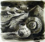 CLIVE HICKS-JENKINS inkwash - landscape with ceramic objects, signed and dated 2001, 37 x 38cms