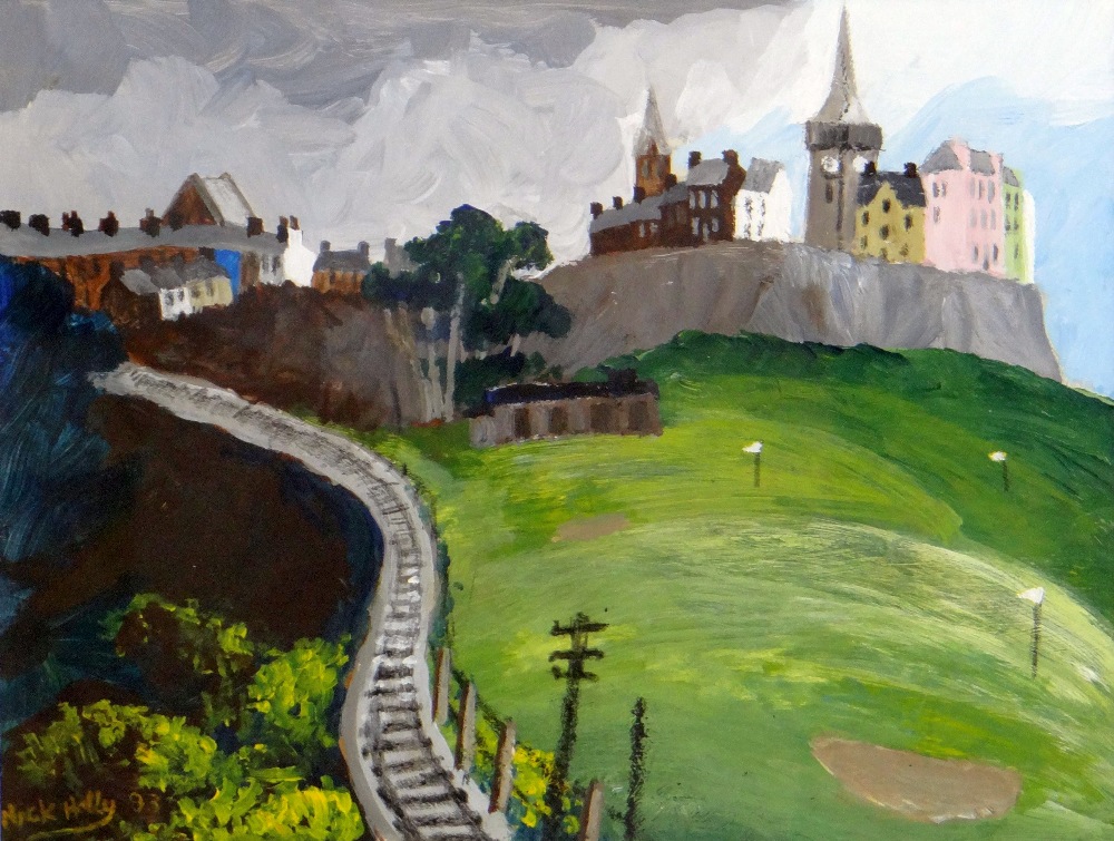 NICK HOLLY oil on paper - entitled verso on Attic Gallery label, 'Across the Golf Course Tenby',