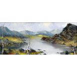 CHARLES WYATT WARREN oil on board - Snowdonia lake scene with silver birches, signed, 23 x 54cms
