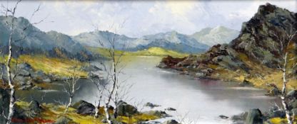 CHARLES WYATT WARREN oil on board - Snowdonia lake scene with silver birches, signed, 23 x 54cms