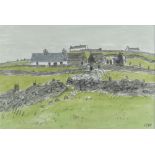 SIR KYFFIN WILLIAMS RA mixed media - Eryri landscape with cottages and dry-stone walls, signed