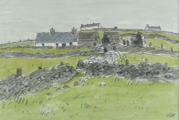 SIR KYFFIN WILLIAMS RA mixed media - Eryri landscape with cottages and dry-stone walls, signed