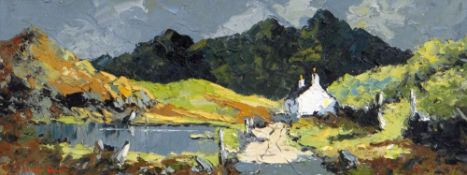 CHARLES WYATT WARREN oil on board - Eryri lake and landscape, with white washed cottage, signed in