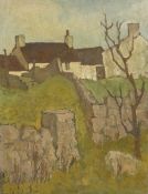 TOM GERRARD oil on board - whitewashed cottage and buildings with wall, unsigned, 56 x 43cms