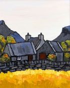 DAVID BARNES oil on board - cottages beyond a dry-stone wall, entitled 'Eventide', signed verso,