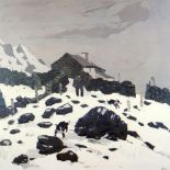 SIR KYFFIN WILLIAMS RA exhibition print - farmer and sheepdogs in snow, 39 x 39cms