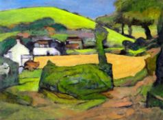 JOHN ELWYN gouache on paper - farmstead and hill, artist's studio stamp verso, 26 x 34cms