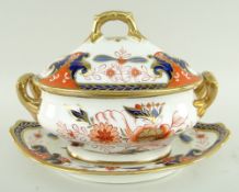 RARE SHAPE SWANSEA PORCELAIN OVAL TUREEN & STAND in Japan pattern number 264, gilded twig handles,