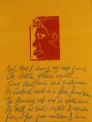 PAUL PETER PIECH three colour woodcut print - Dylan Thomas in blubbery lip profile with excerpt from