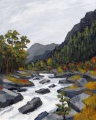 DAVID BARNES oil on board - fast flowing mountain stream, entitled verso 'Aberglaslyn', signed