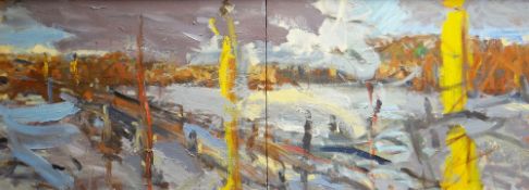 DAVID TRESS oil on board - exhibition quality diptych, view from Charles Bridge, Prague, entitled '