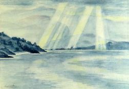 MERYL WATTS watercolour - shafts of light on Glaslyn Estuary near the artist's former home in