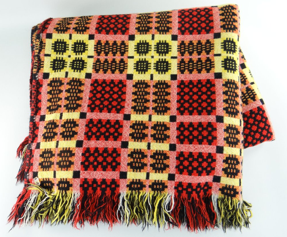 VINTAGE TRADITIONAL WELSH WOOLLEN BLANKET with black, yellow, orange and red geometric design,