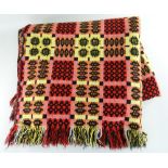 VINTAGE TRADITIONAL WELSH WOOLLEN BLANKET with black, yellow, orange and red geometric design,