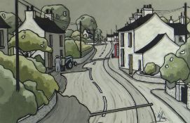 ALAN WILLIAMS acrylic - Pembrokeshire village with red phone box and figures, entitled verso '